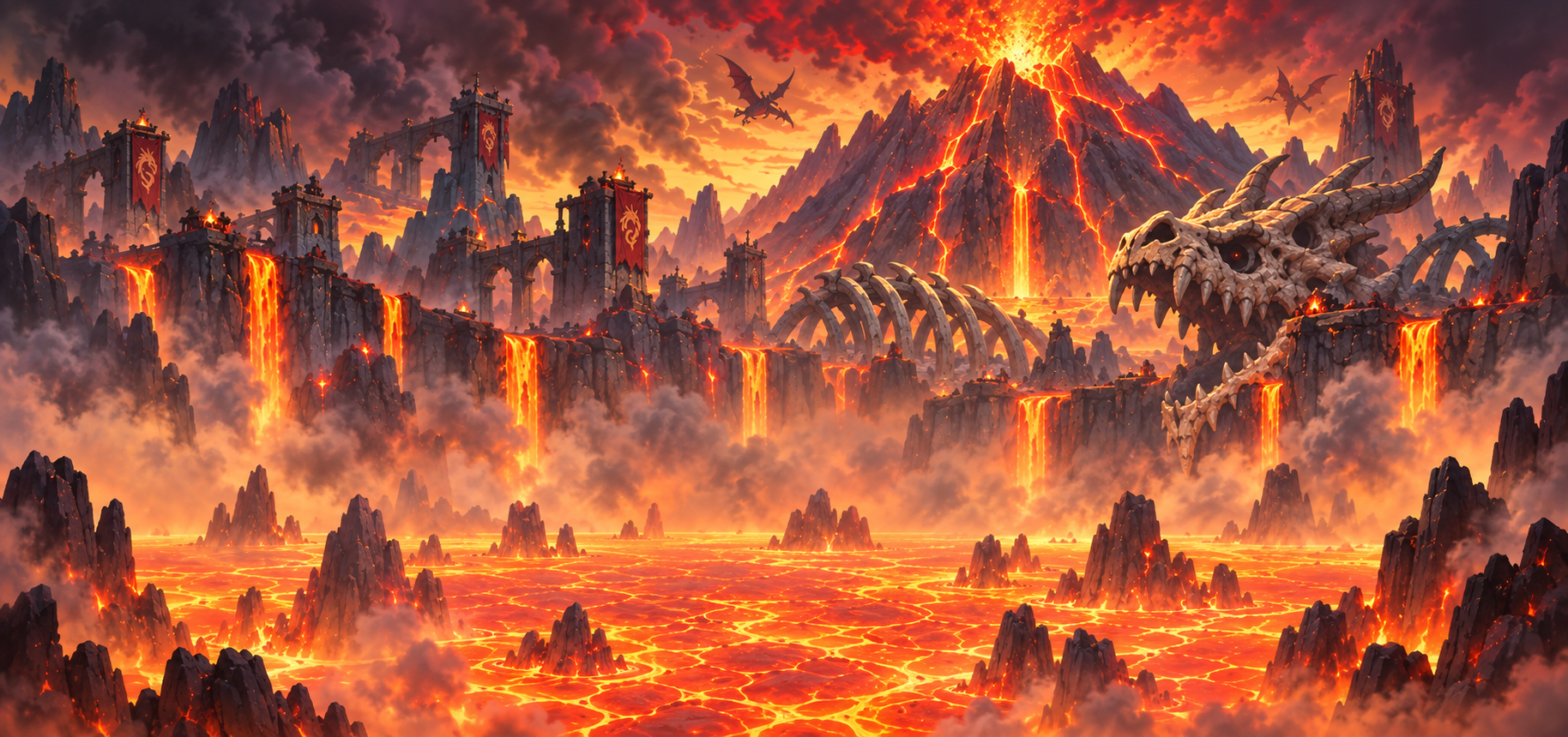 Erupting volcano, lava falls and an ancient dragon skeleton